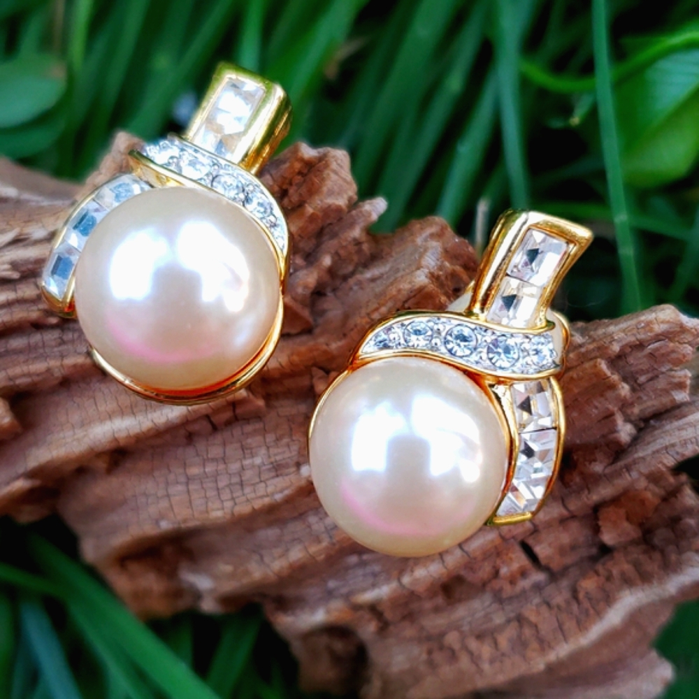 Vtg Kenneth Jay Lane Kjl Pearl Diamante Rs Earring - image 2